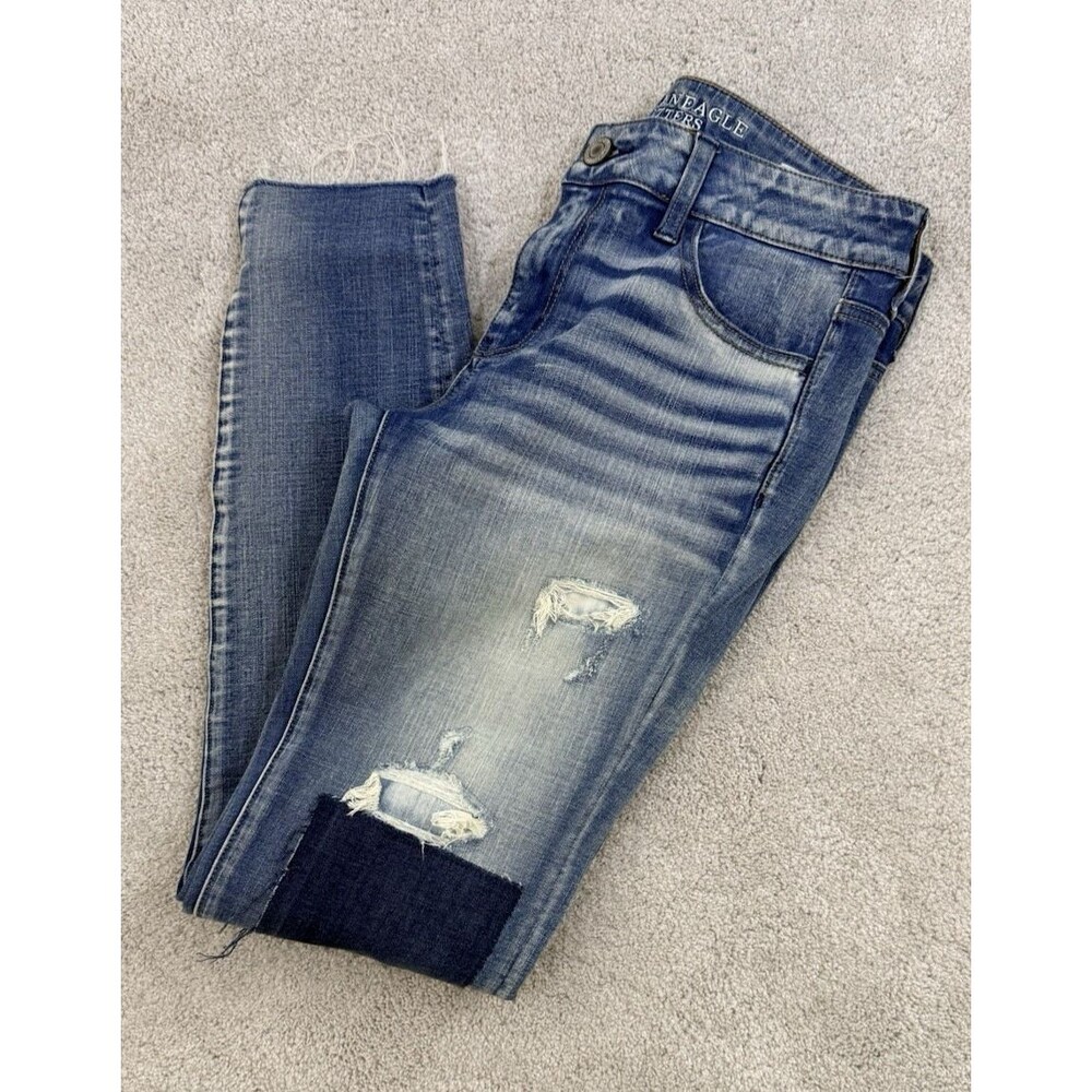 American Eagle 360° Super Stretch Womens Skinny Jegging Jeans Blue Distressed
